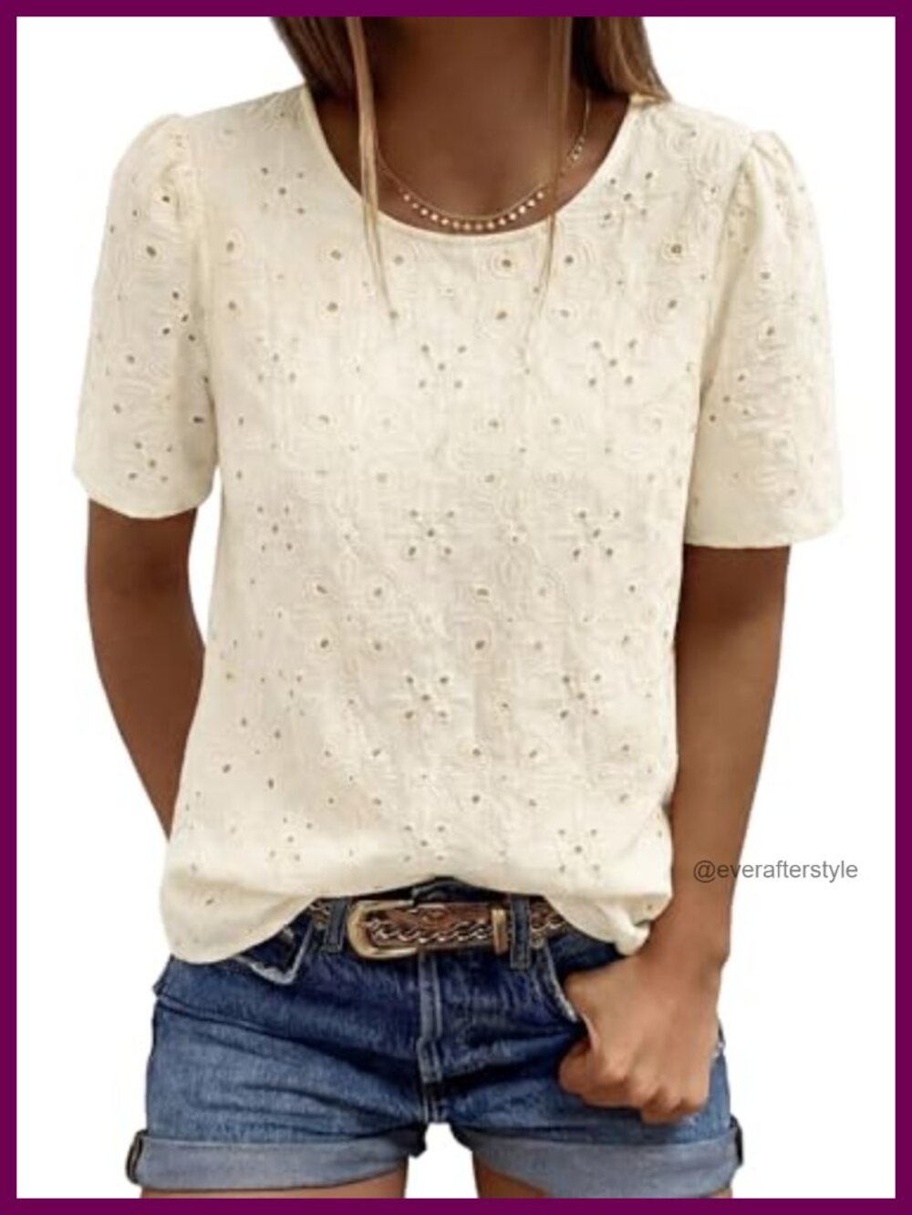Women's Embroidered Eyelet Short Sleeve Blouse Lined Cotton Crew Neck
